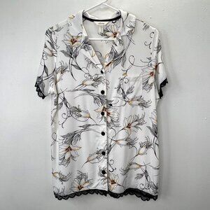 Soma Cool Nights Pajama Shirt Top M Cream Black Lily Lace Button Up Short Sleeve